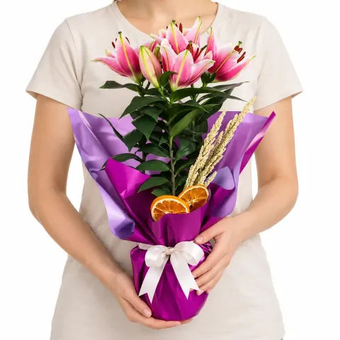 Mor Süslemeli Pembe Lilyum