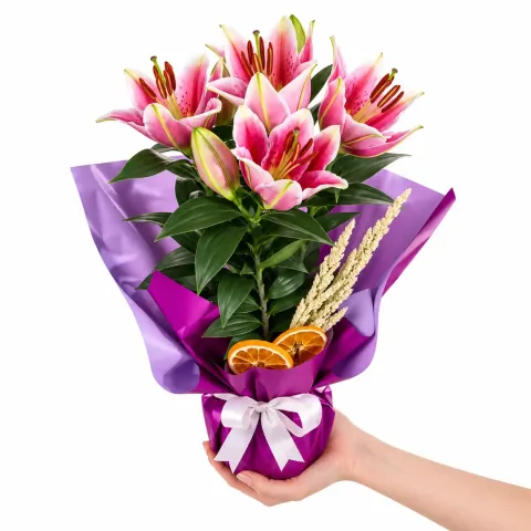 Mor Süslemeli Pembe Lilyum